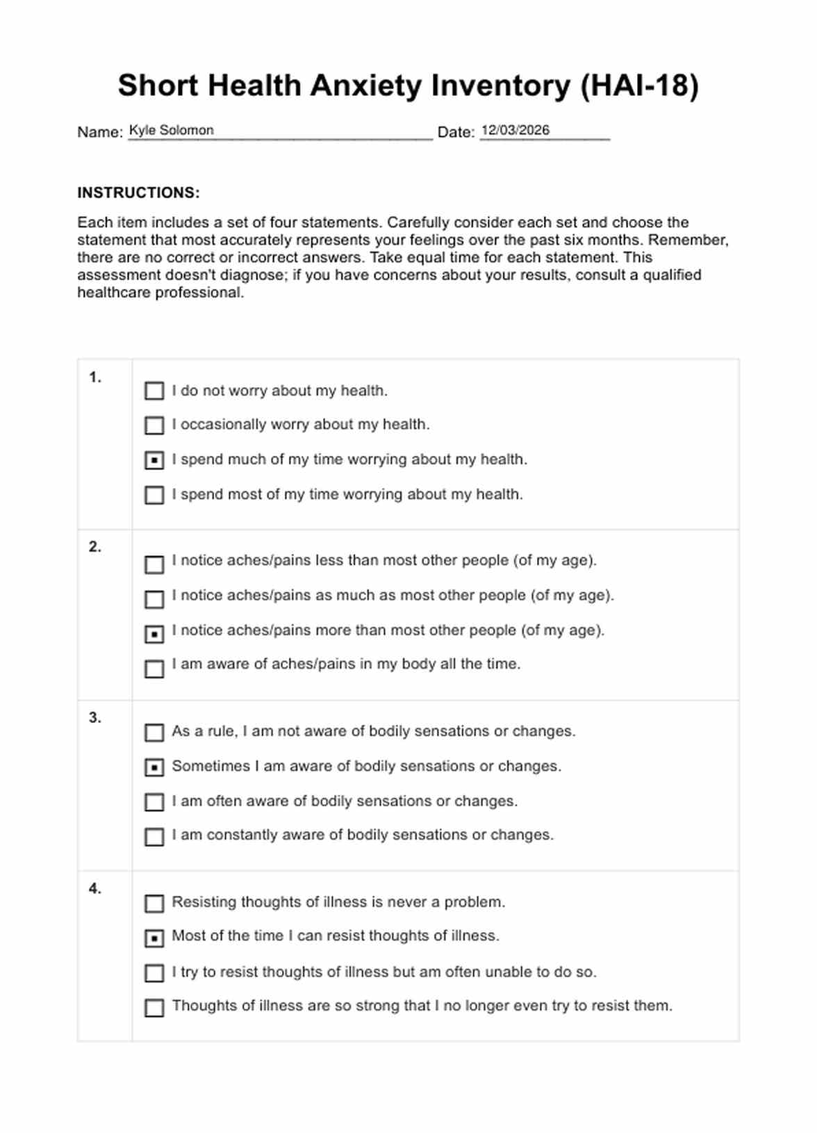 Short Health Anxiety Inventory (HAI-18) PDF Example