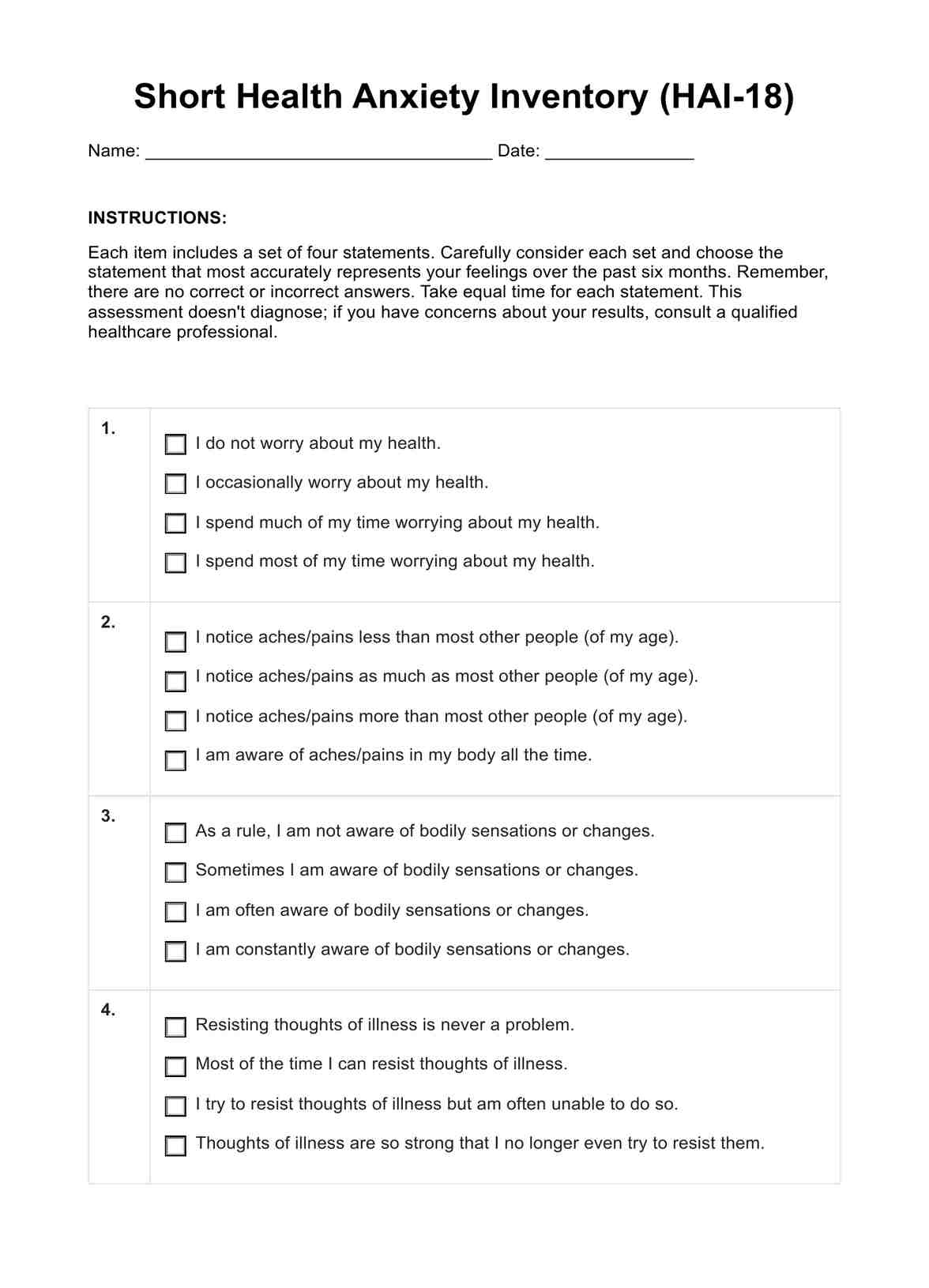 Short Health Anxiety Inventory (HAI-18) PDF Example
