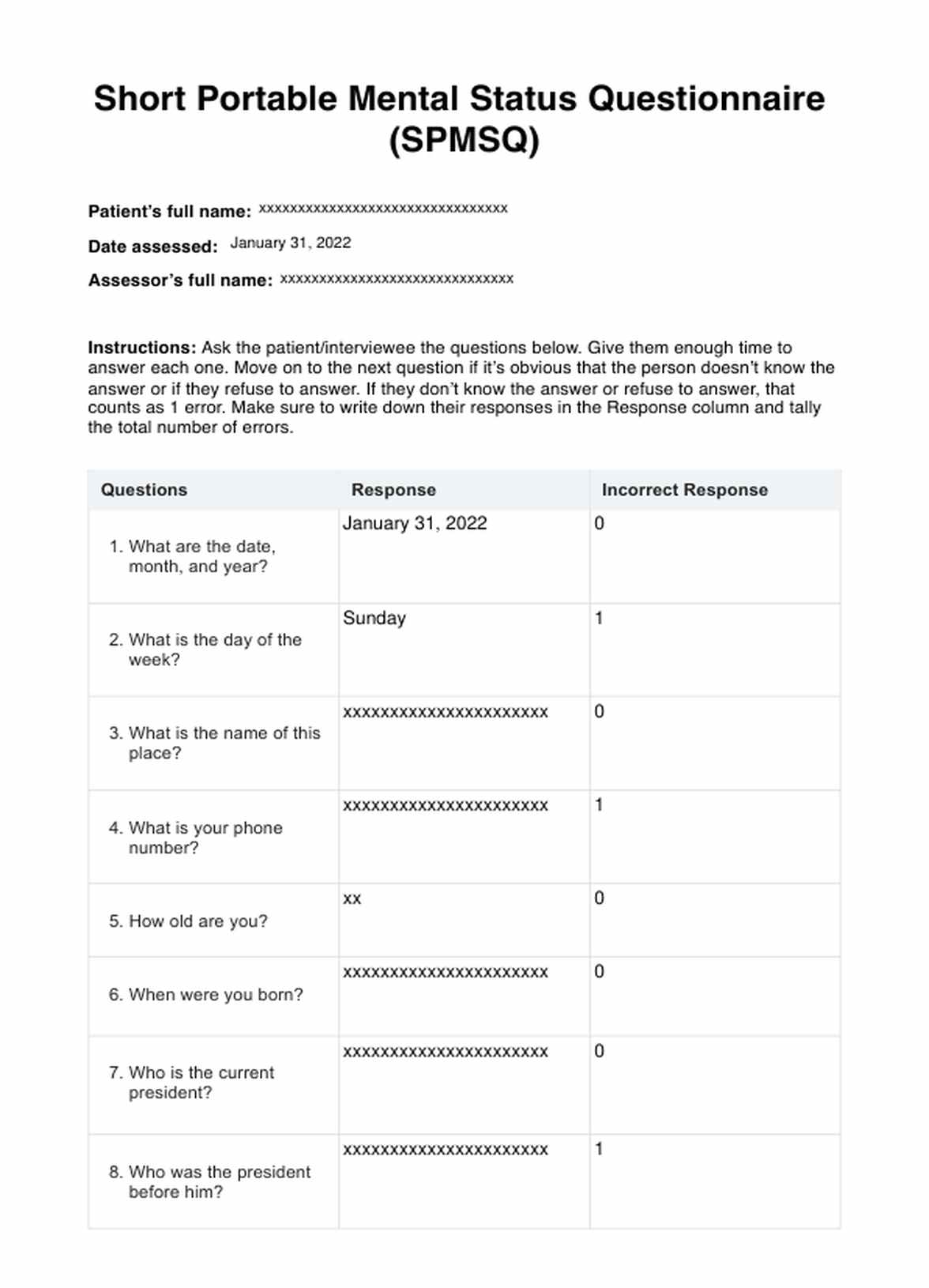 Short Portable Mental Status Questionnaire (SPMSQ) PDF Example