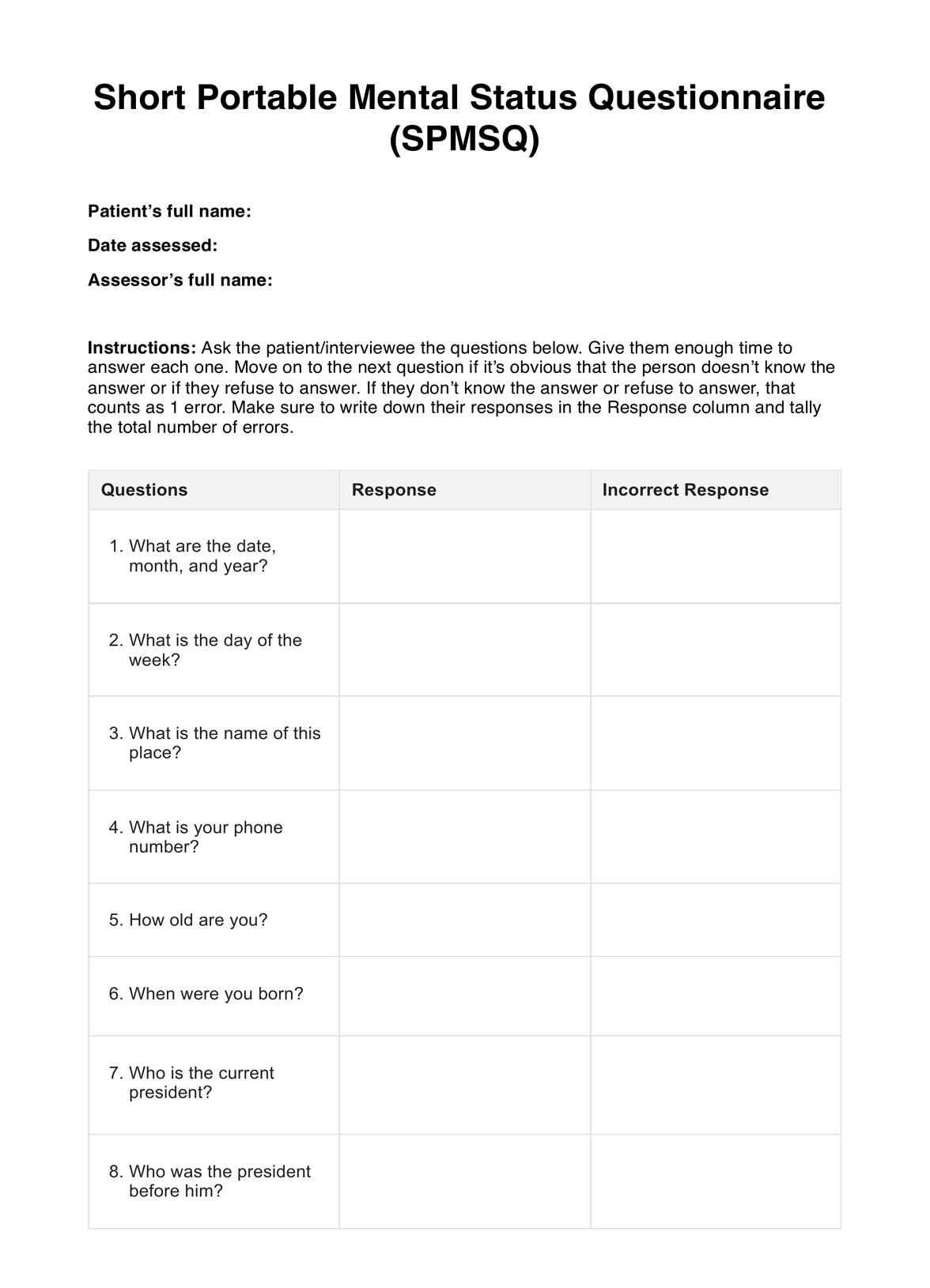 Short Portable Mental Status Questionnaire (SPMSQ) PDF Example
