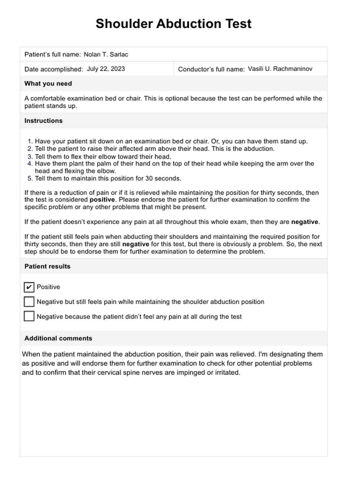 Shoulder Abduction Test PDF Example