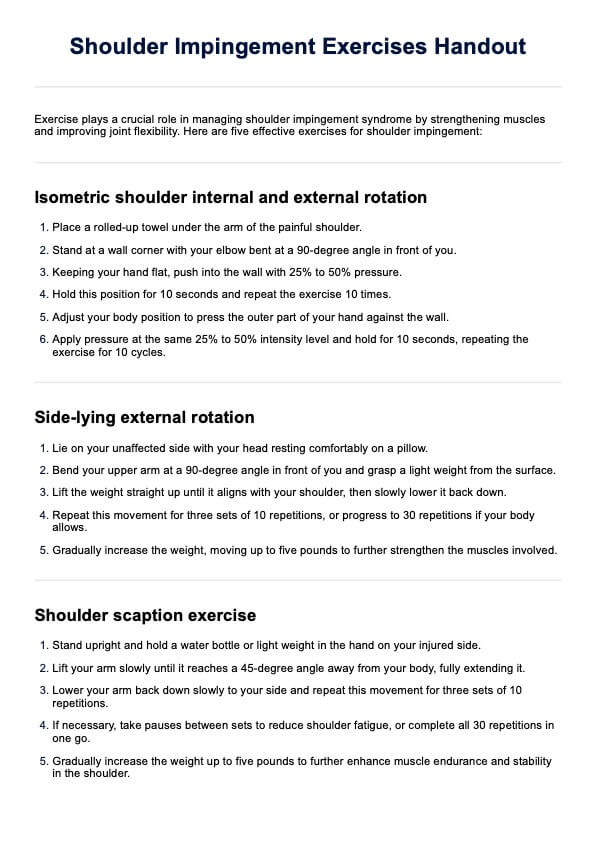Shoulder Impingement Exercises Handout PDF Example