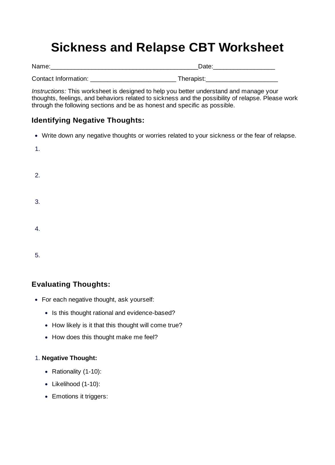 Sickness and Relapse CBT Worksheet PDF Example