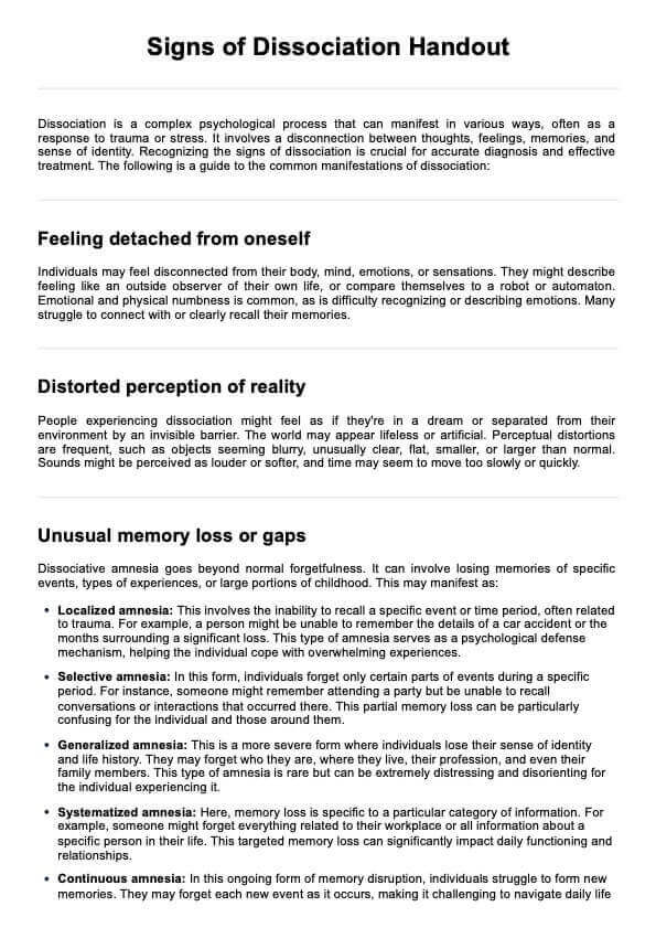 Signs of Dissociation Handout PDF Example