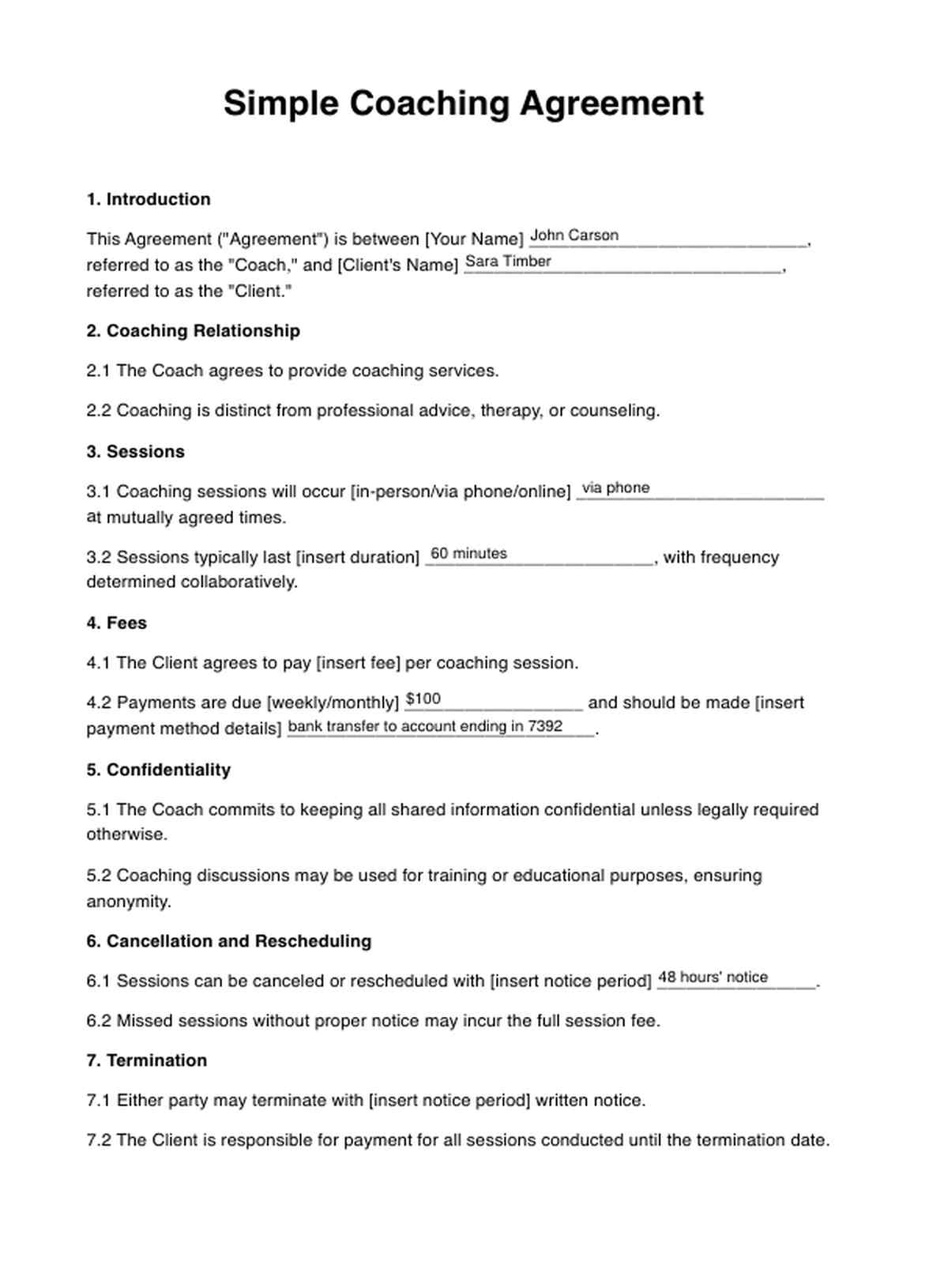 Simple Coaching Agreement PDF Example