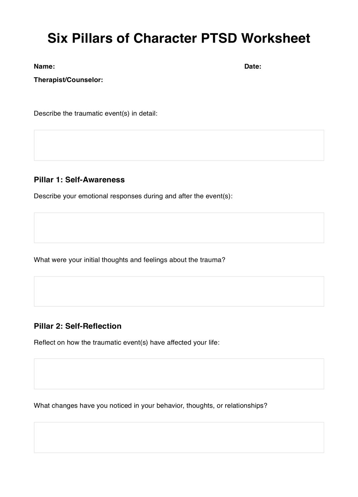 Six Pillars of Character PTSD Worksheet PDF Example