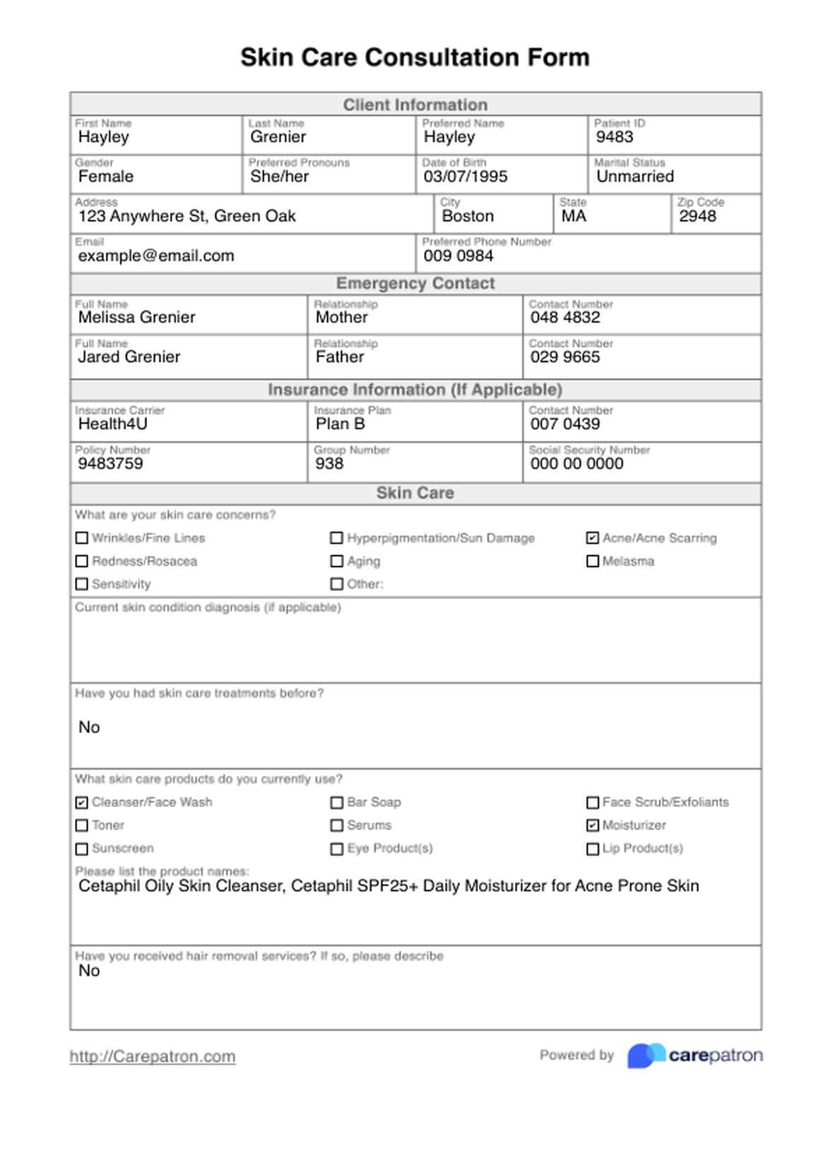 Skin Care Consultation Form PDF Example