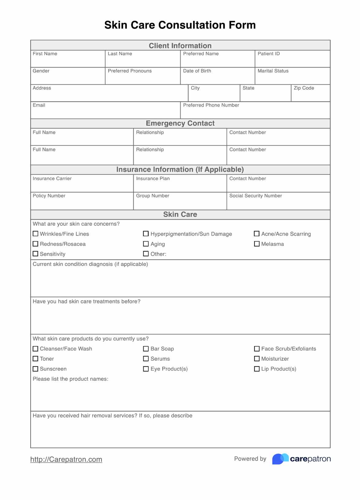 Skin Care Consultation Form PDF Example