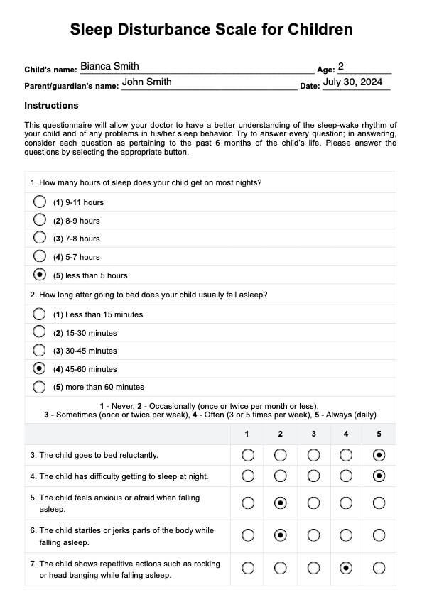 Sleep Disturbance Scale for Children PDF Example