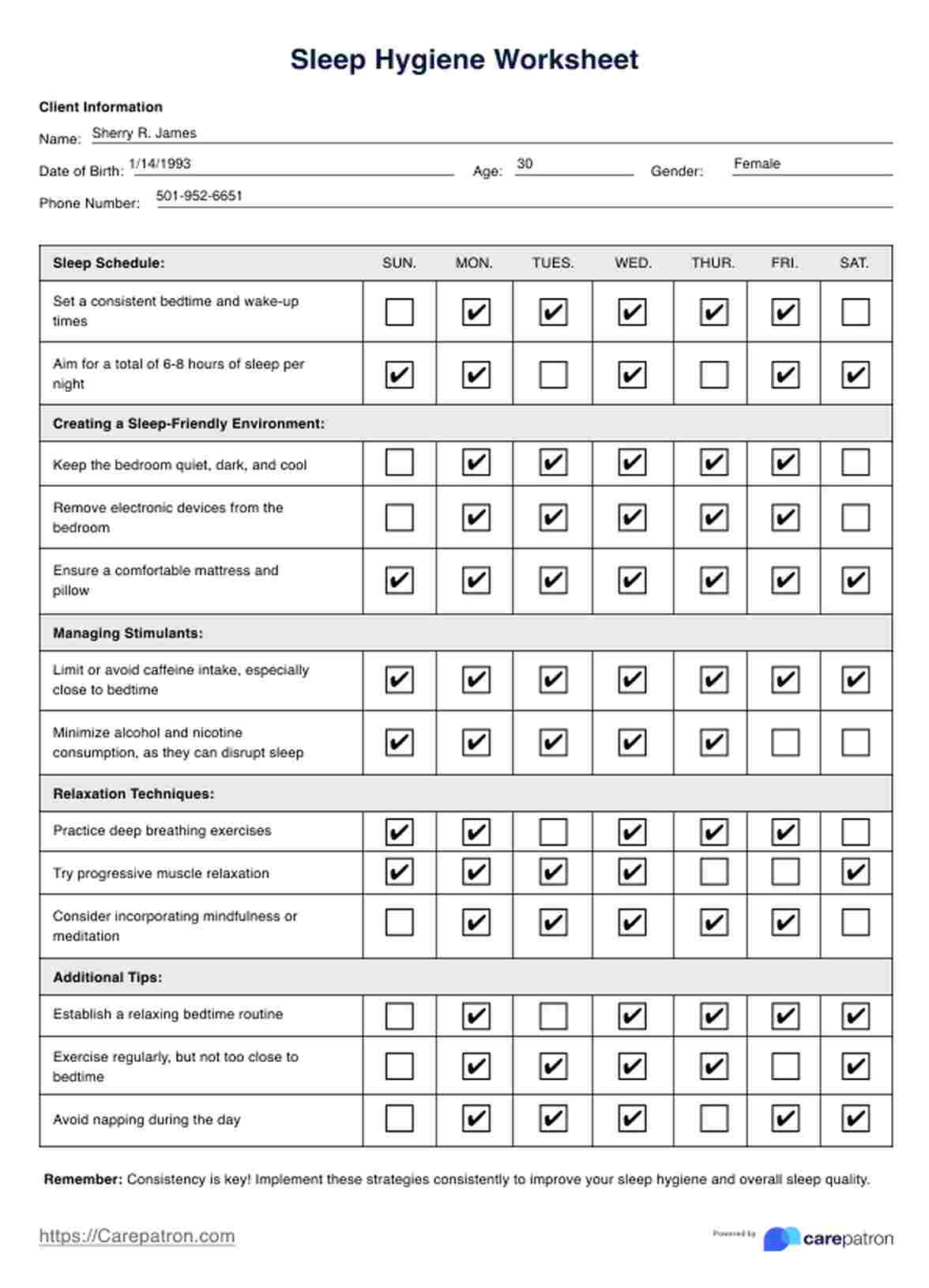 Sleep Hygiene Checklist PDF Example