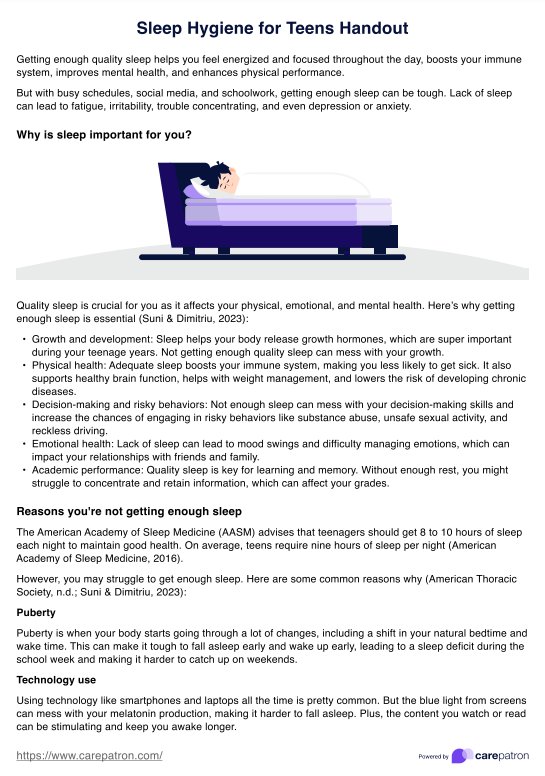 Sleep Hygiene for Teens Handout PDF Example