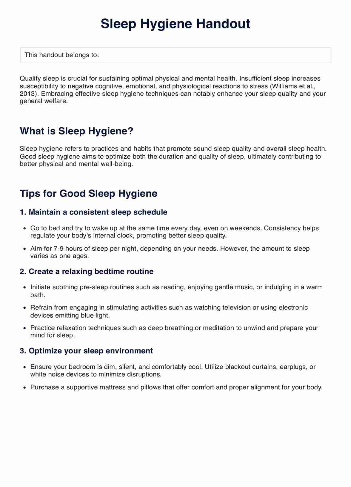 Sleep Hygiene Handout PDF Example