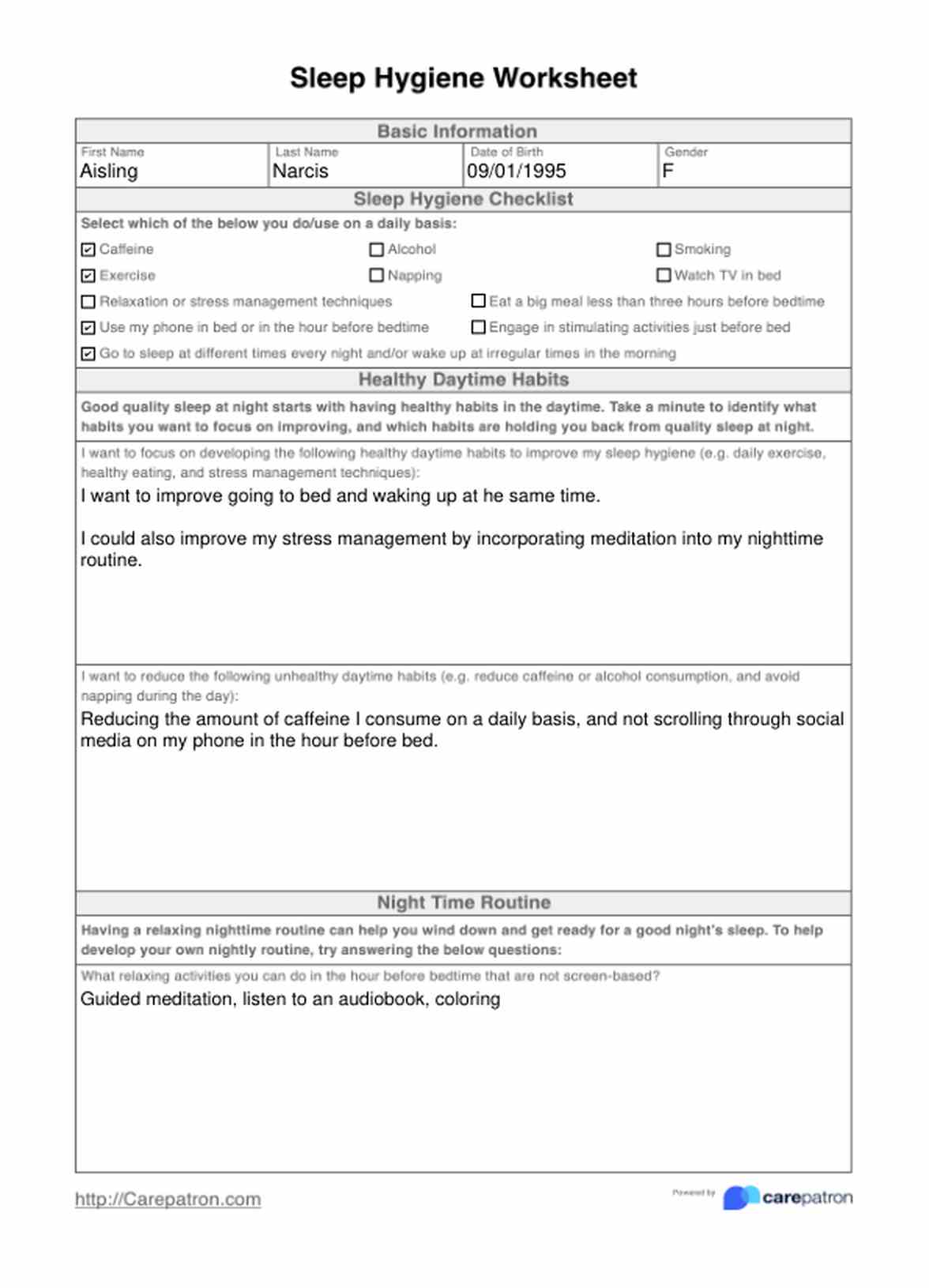 Sleep Hygiene Worksheets PDF Example
