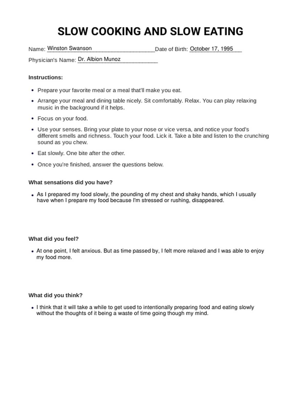 Slow Cooking and Slow Eating PTSD Exercise and Worksheets PDF Example
