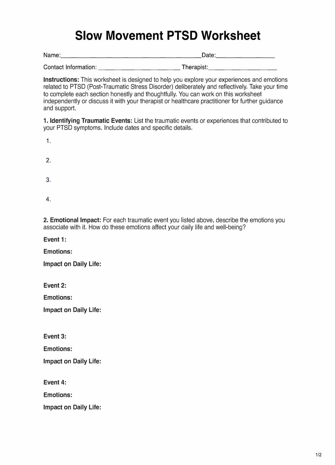 Slow Movement PTSD Worksheet PDF Example