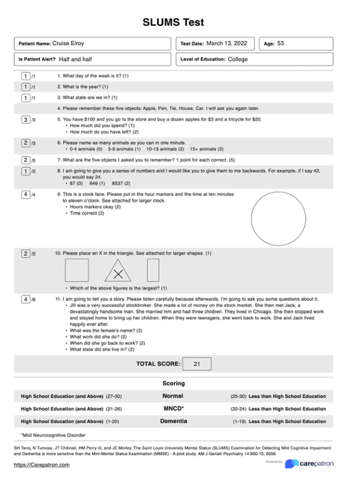Test de SLUMS (Prueba de Estado Mental de la Universidad de Saint Louis) PDF Example