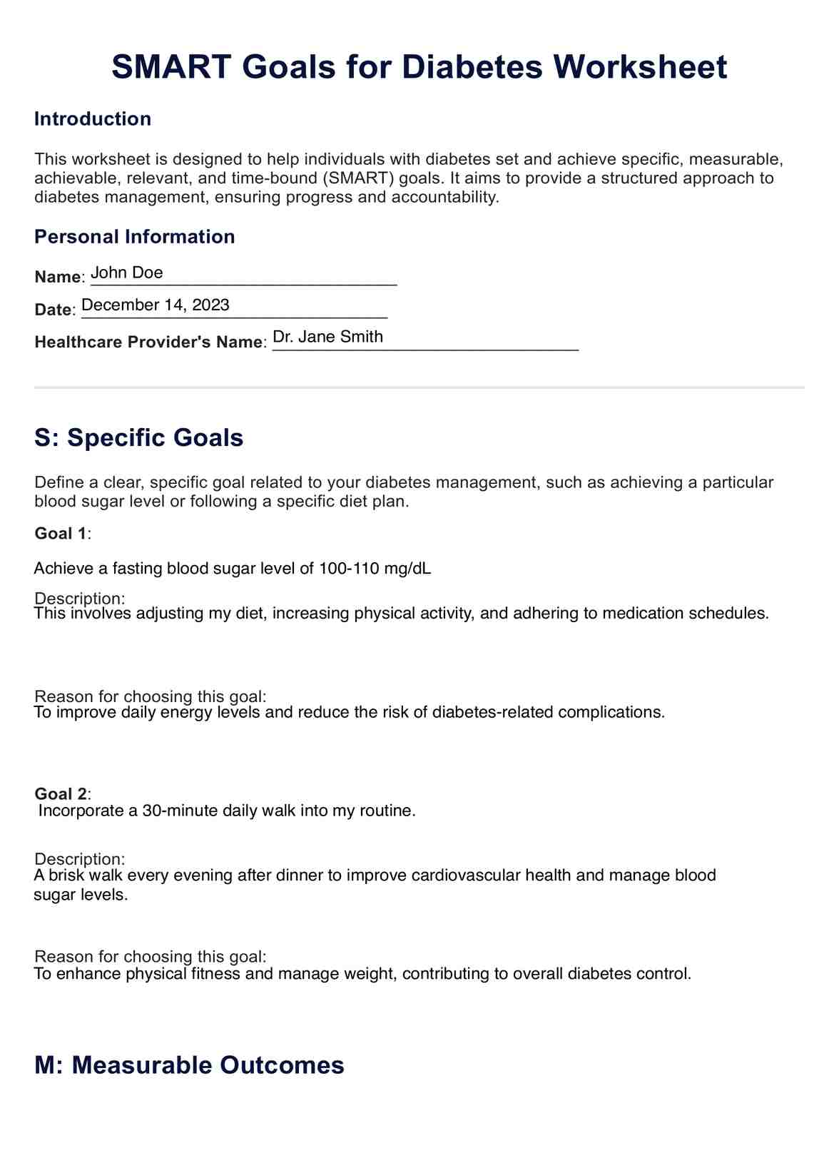SMART Goals For Diabetes PDF Example