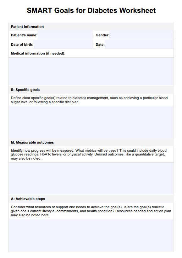 SMART Goals for Diabetes Worksheet Template PDF Example