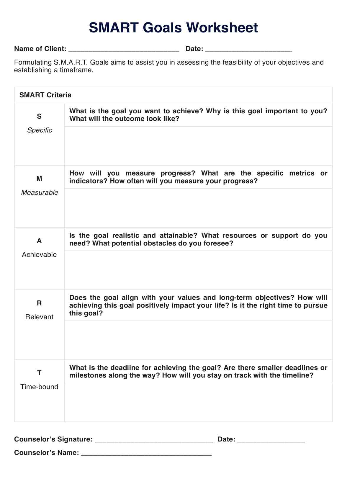 SMART Goals Worksheet PDF Example