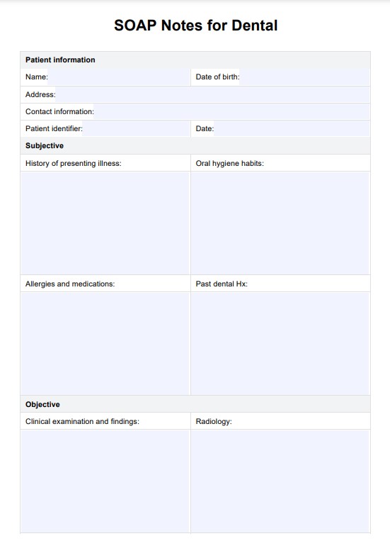 SOAP-anteckningar för tandläkarmall PDF Example