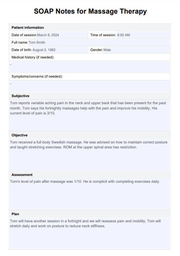 Notas SOAP de masaje terapéutico PDF Example