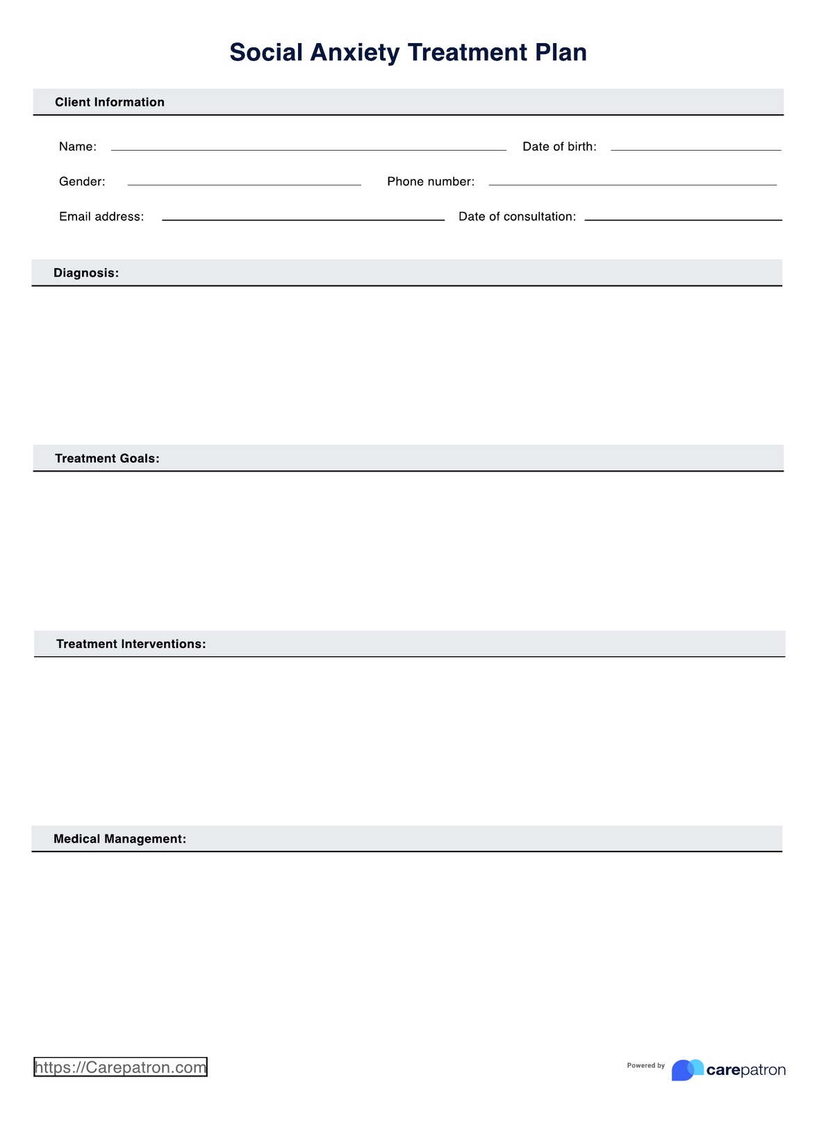 Social Anxiety Treatment Plan PDF Example