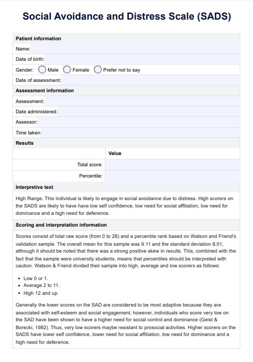 Social Avoidance and Distress Scale (SADS) PDF Example