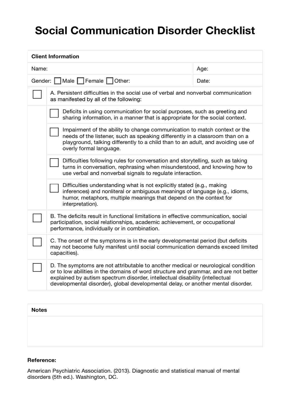 Social Communication Disorder Checklist PDF PDF Example