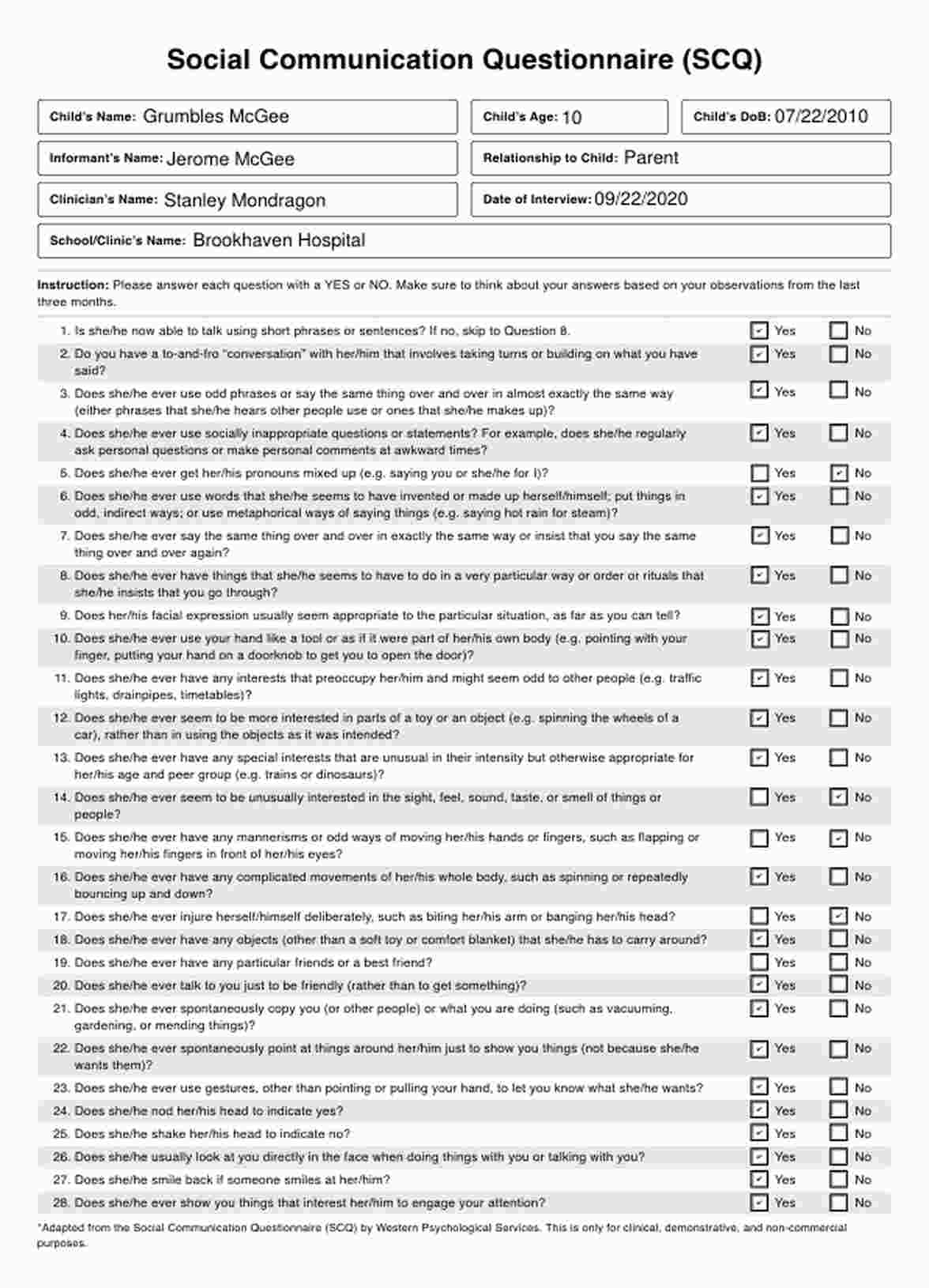 Cuestionario para evaluar habilidades sociales y de comunicación de un paciente (SCQ) PDF Example