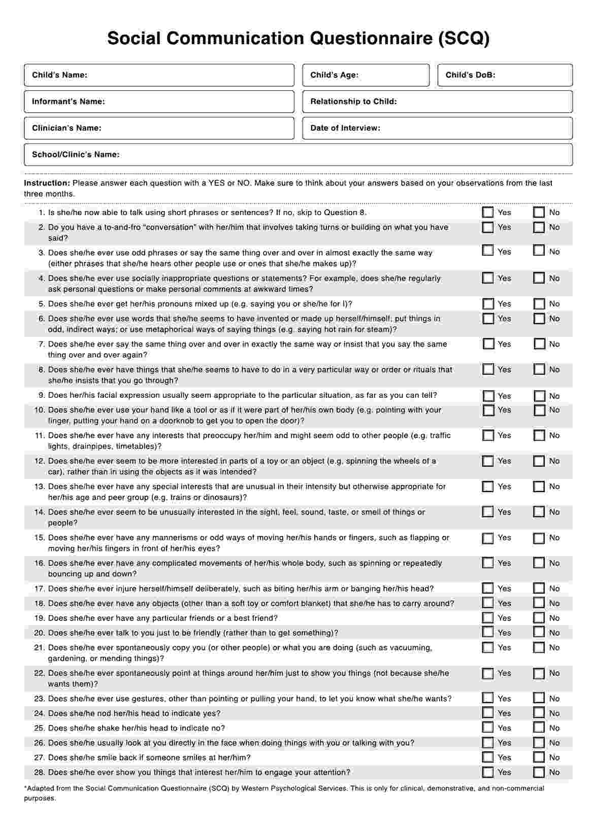 Social Communication Questionnaire PDF Example