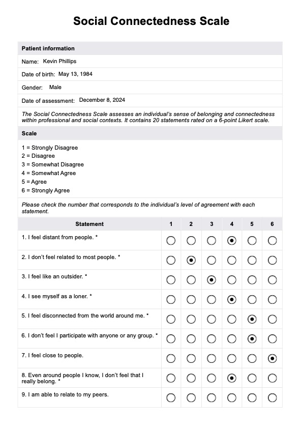 Social Connectedness Scale PDF Example