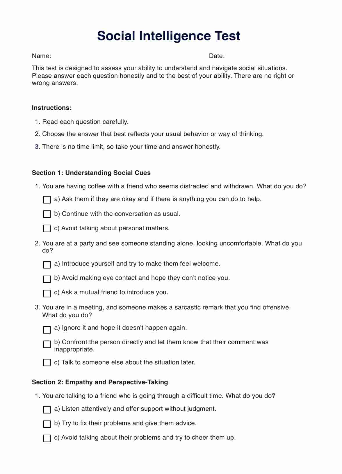 Social Intelligence Test PDF Example
