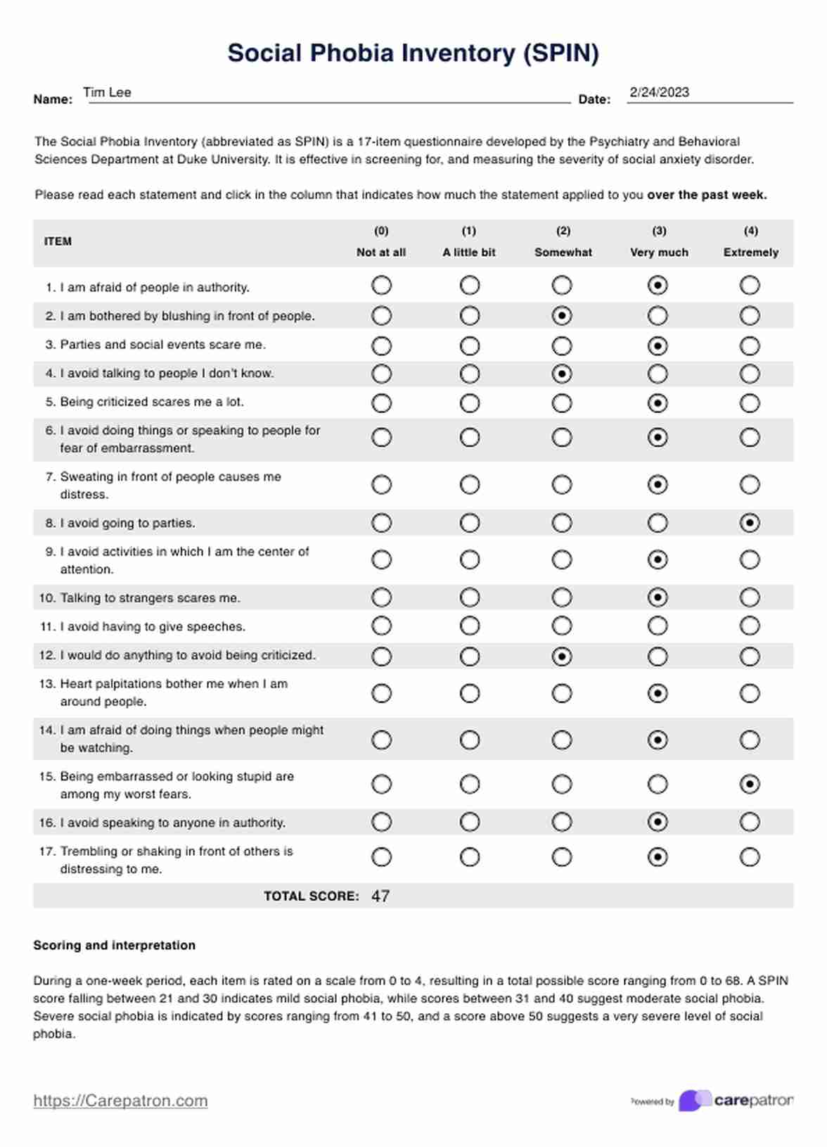 Social Phobia Inventory PDF Example