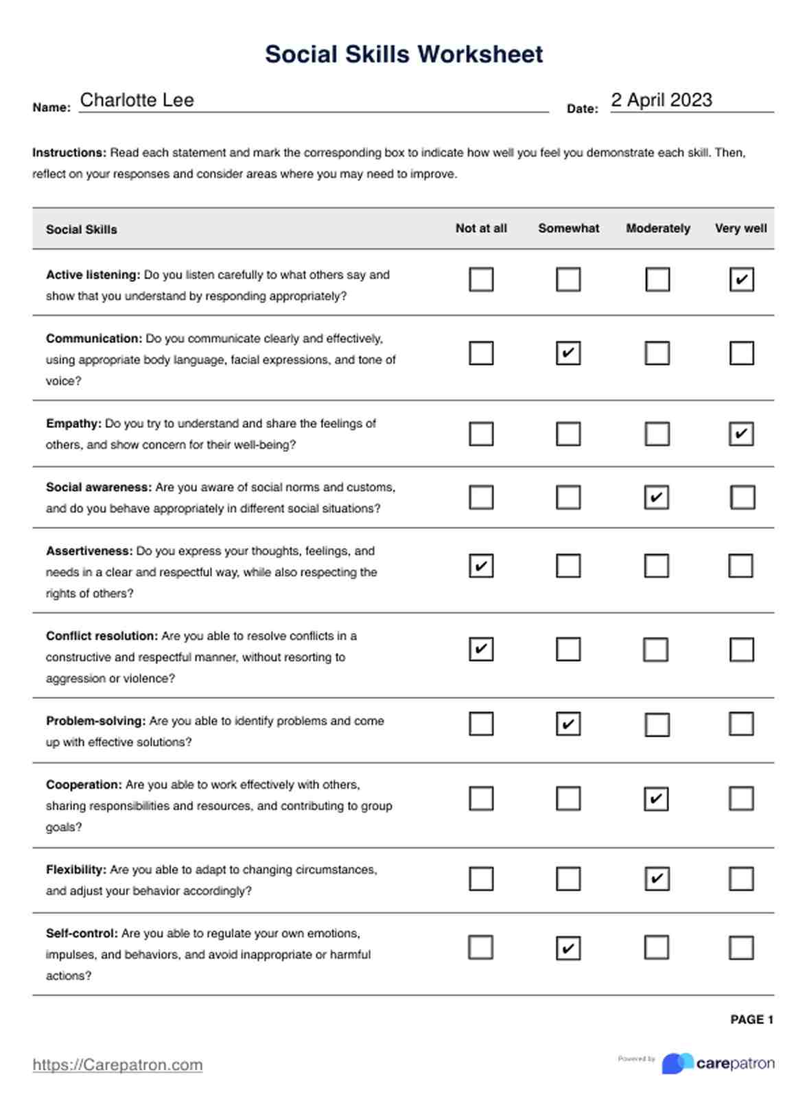 Social Skills Worksheet PDF Example