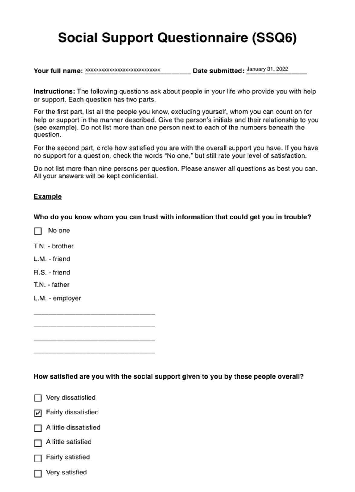 Social Support Questionnaire (SSQ6) PDF Example
