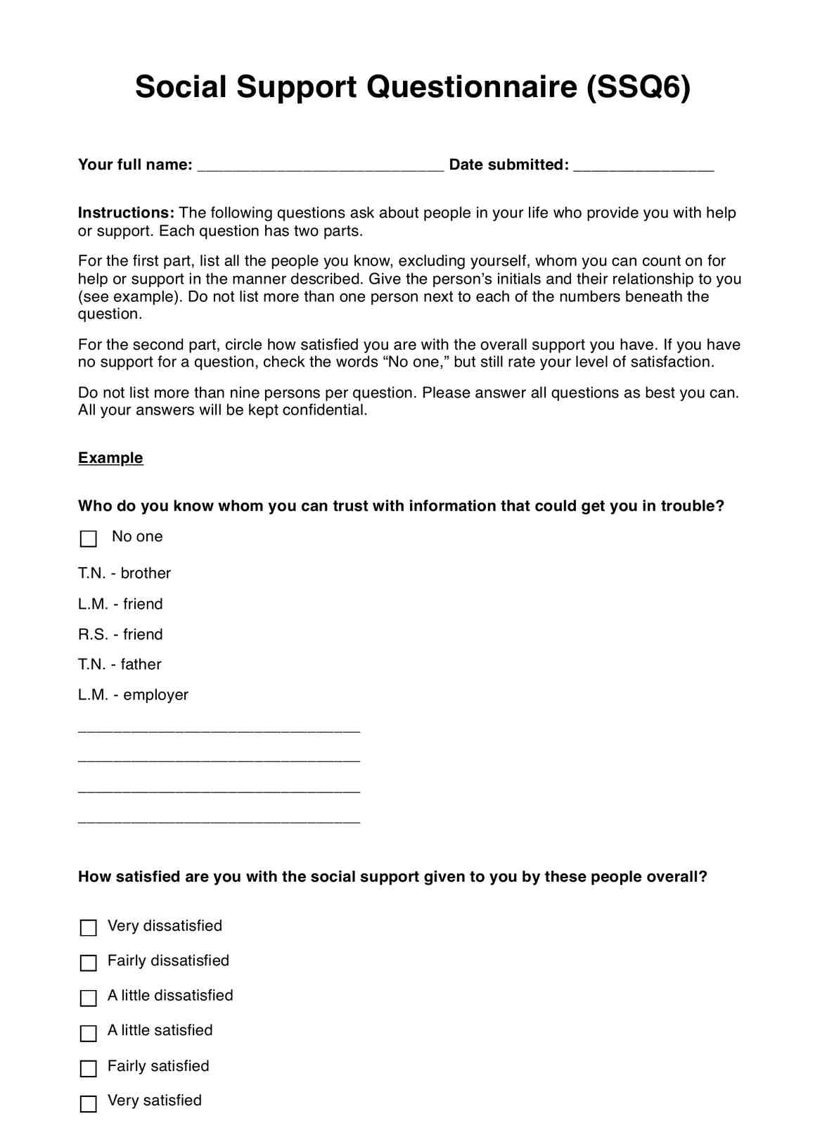 Social Support Questionnaire (SSQ6) PDF Example