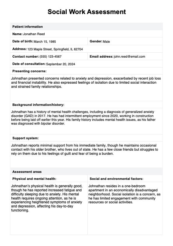 Formulario de evaluación para trabajo social PDF Example