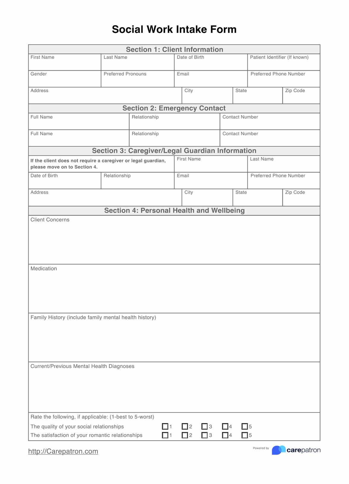 Social Work Intake Form PDF Example