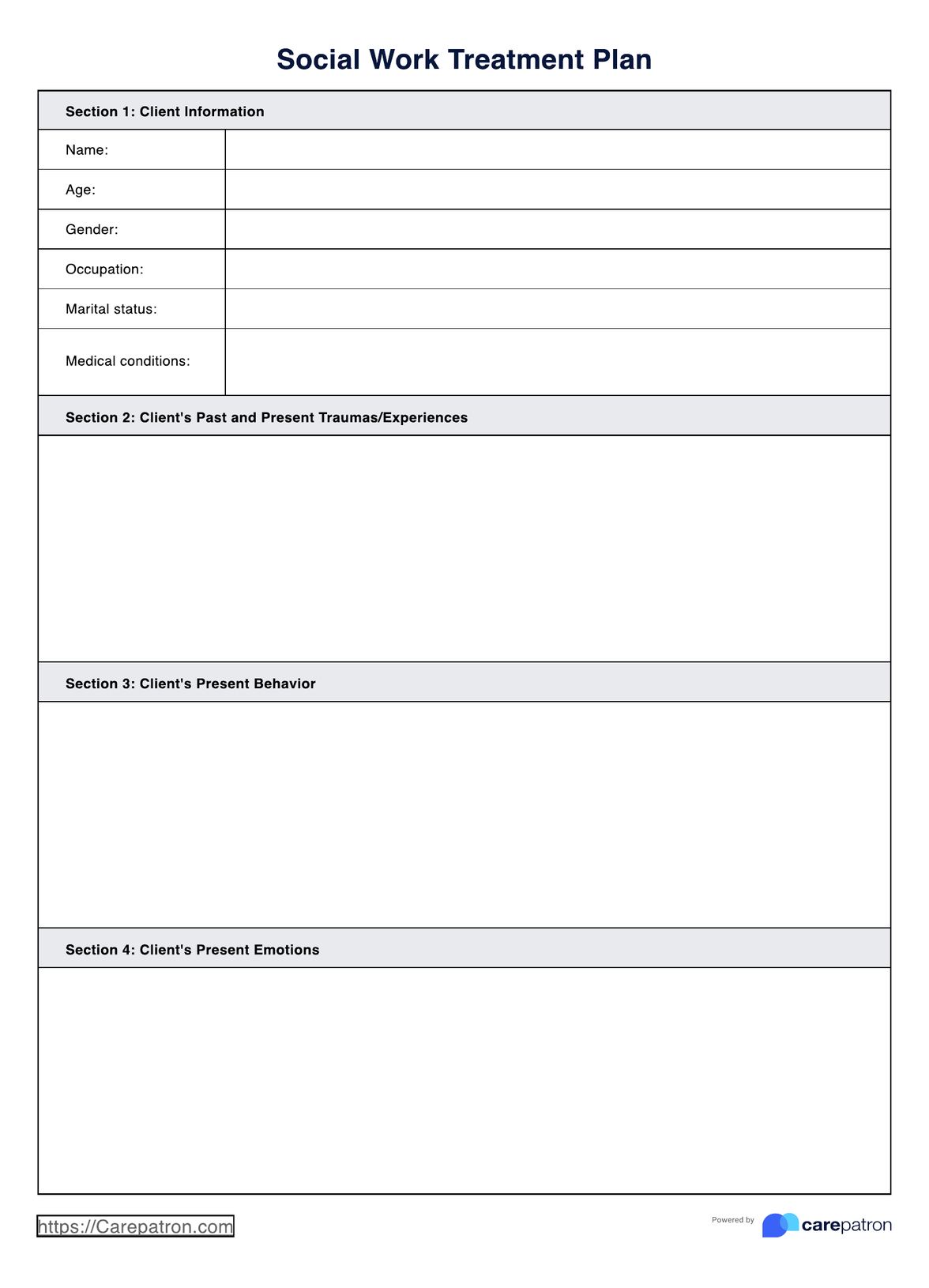 Social Work Treatment Plans PDF Example