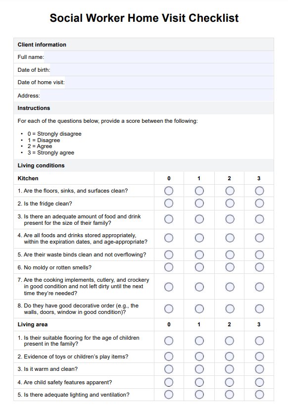 Checklist de visita a domicilio de un trabajador social PDF Example