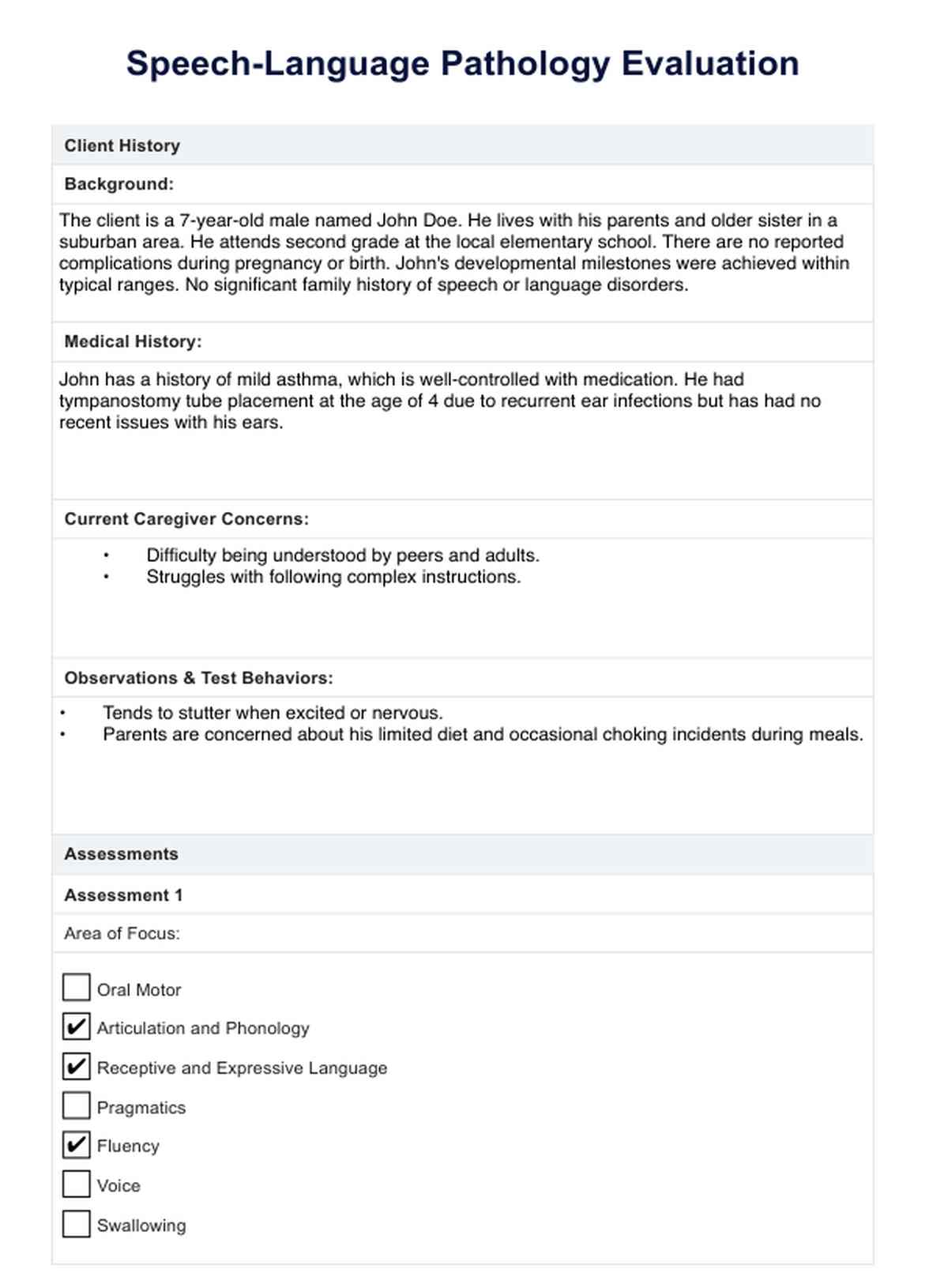 Speech Language Pathology Evaluation Report PDF Example