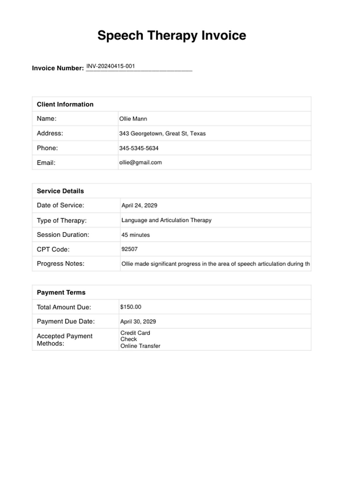 Speech Therapy Invoice Template PDF Example