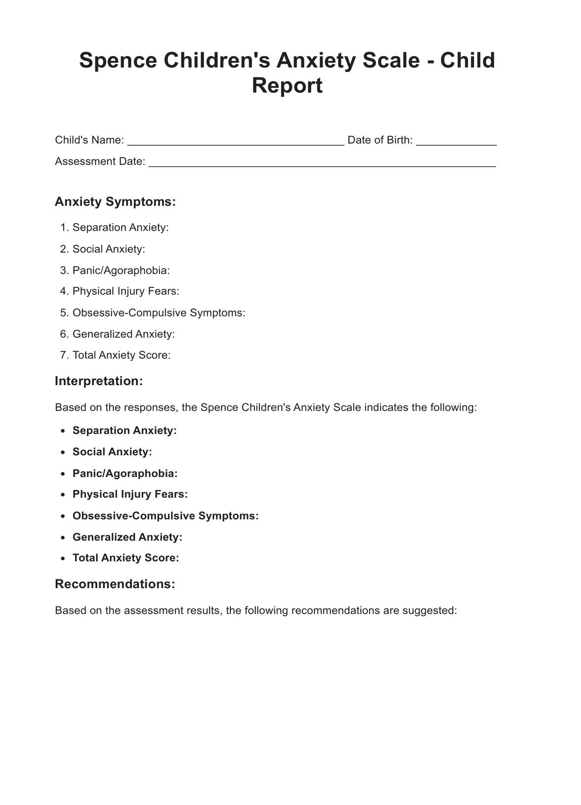 Spence Children's Anxiety Scale - Child Report PDF Example