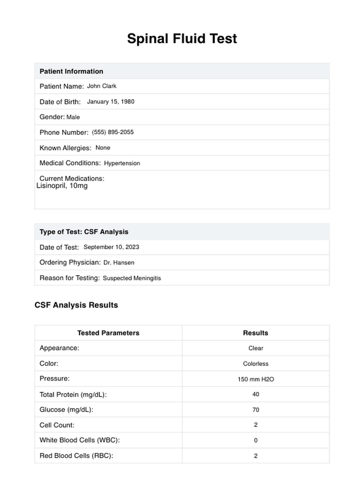 Spinal Fluid Test PDF Example