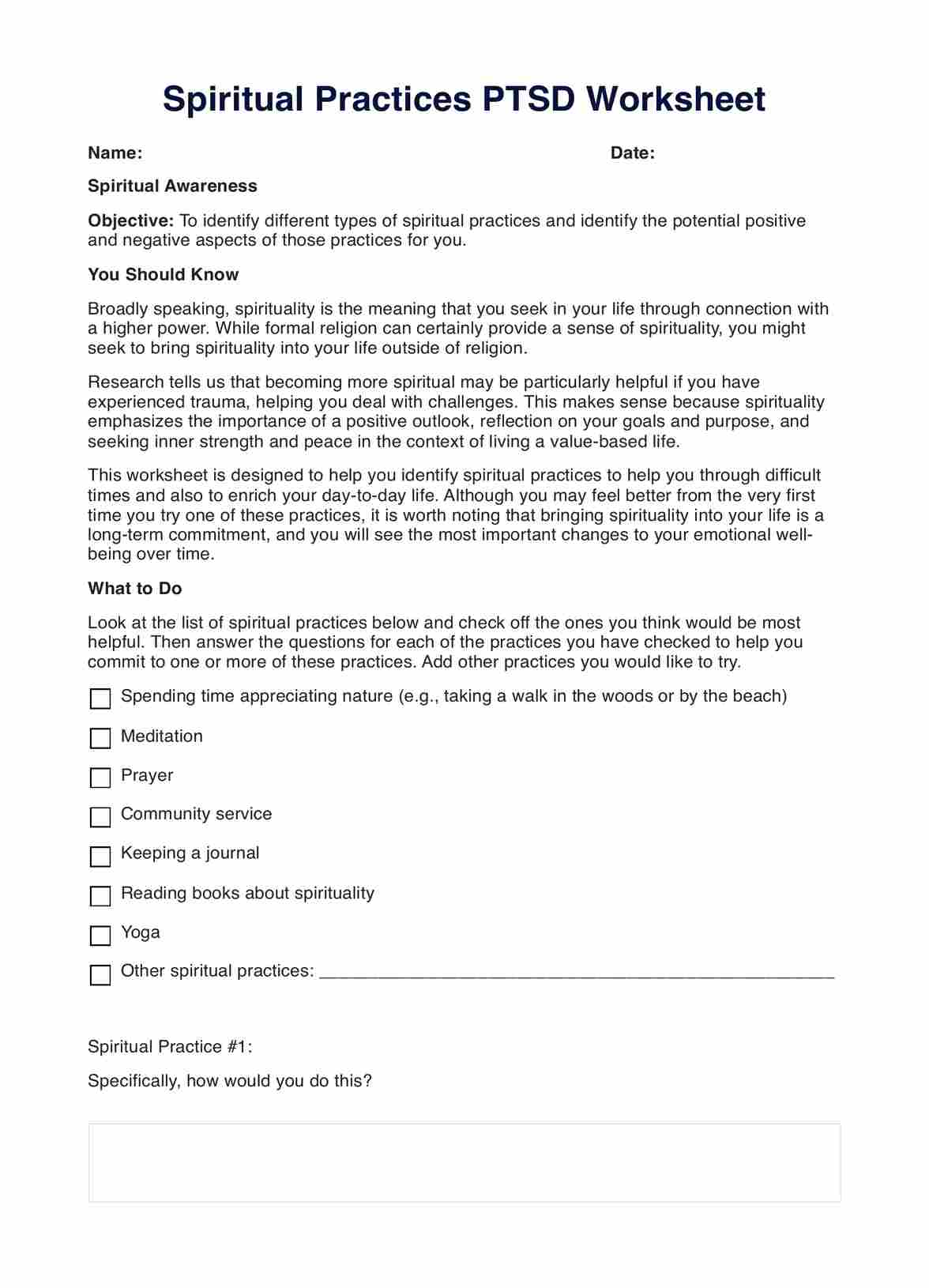 Spiritual Practices PTSD Worksheet PDF Example