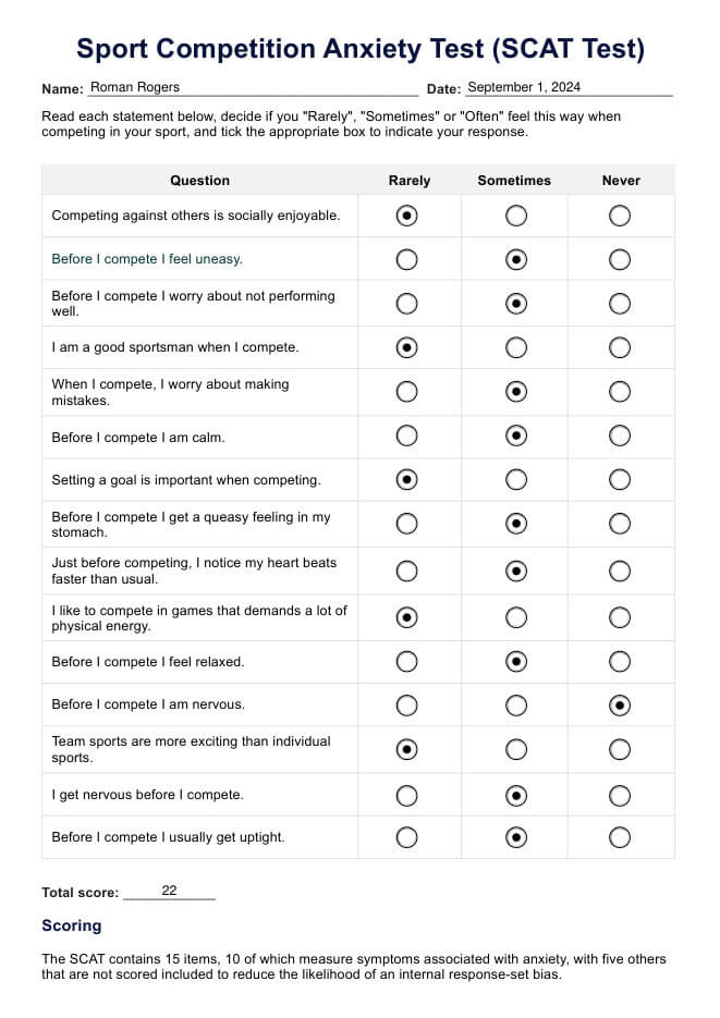 Sport Competition Anxiety Test (SCAT Test) PDF Example
