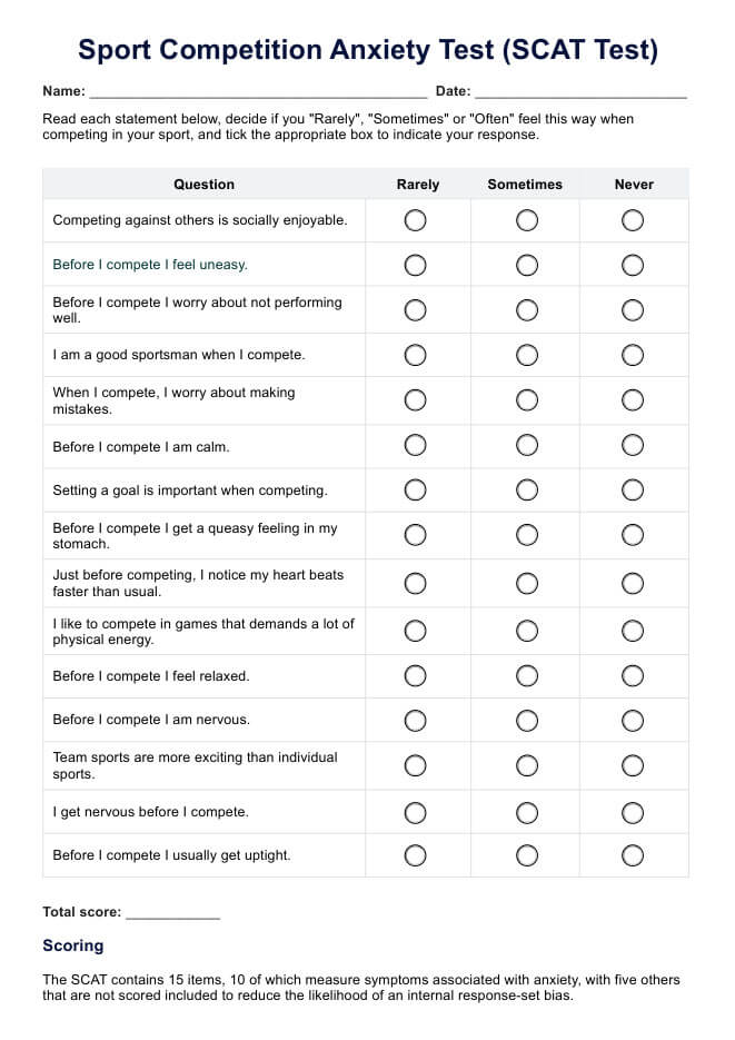 Sport Competition Anxiety Test (SCAT Test) PDF Example