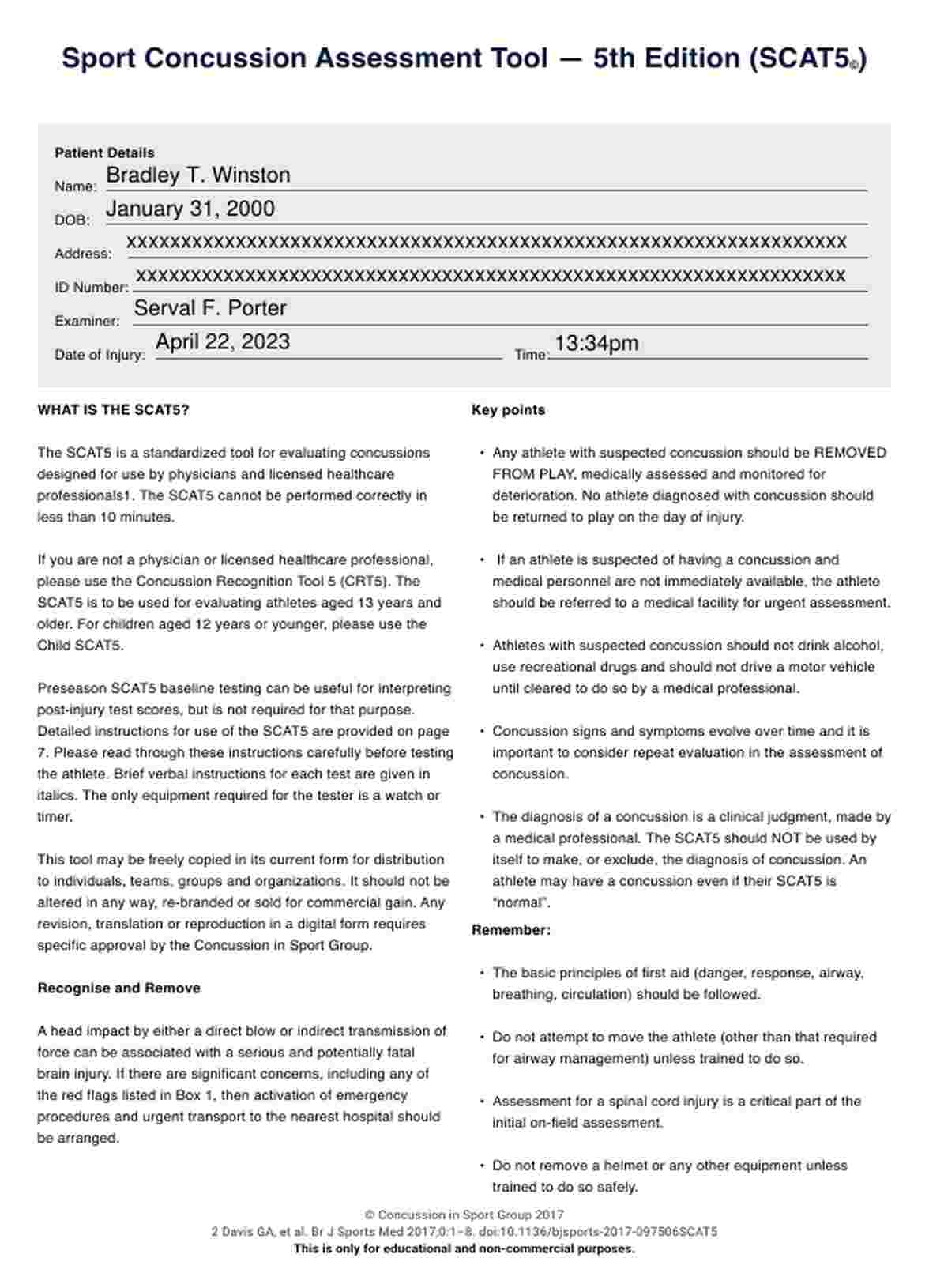 Sport Concussion Assessment Tool - 5th Edition (SCAT5) PDF Example