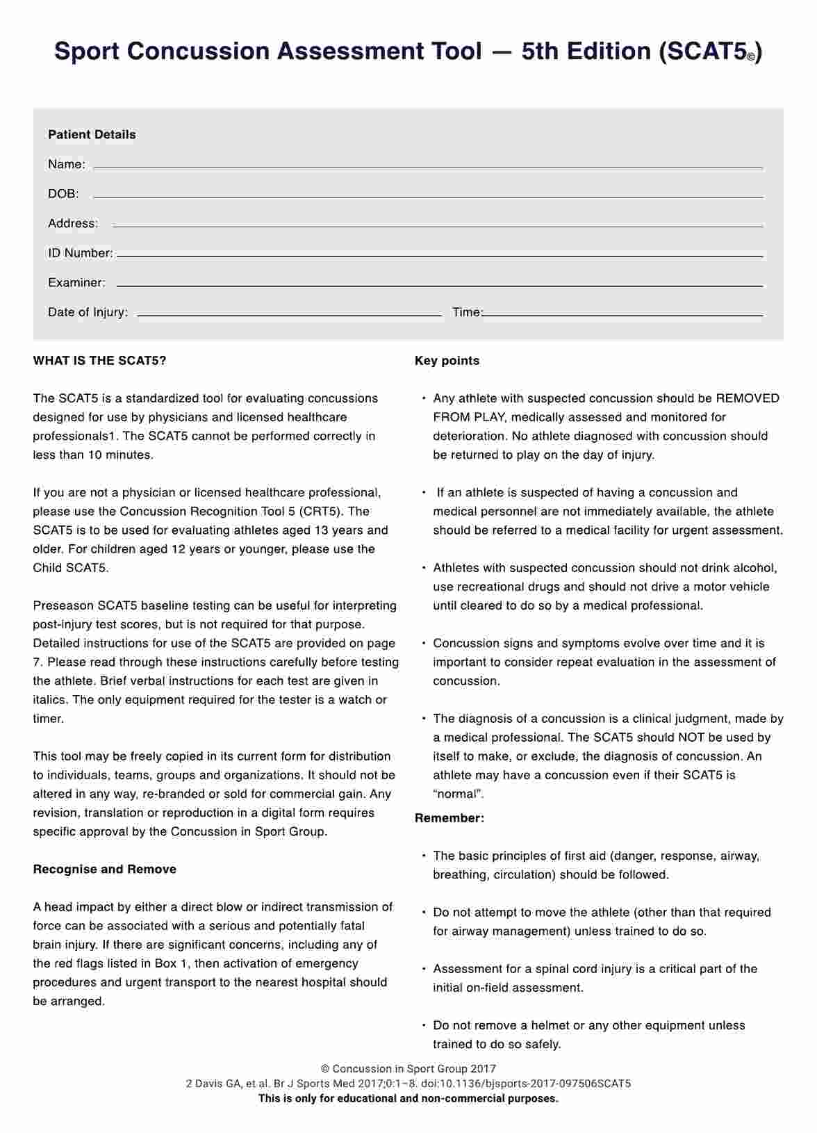 Sport Concussion Assessment Tool - 5th Edition (SCAT5) PDF Example
