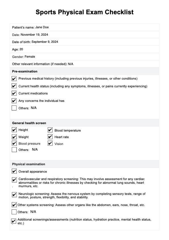 Sports Physical Exam Checklist PDF Example